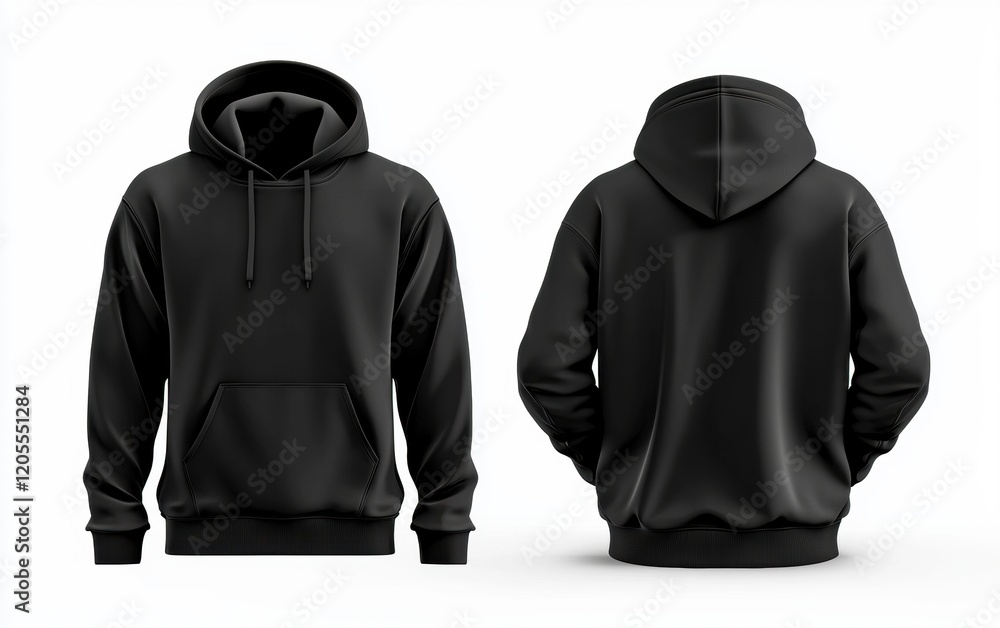Sleek black hoodie mockup, front and back perspective, sharp 3D rendering, isolated on a white background Sleek black hoodie mockup, front and back perspective, sharp 3D rendering, isolated on a white background