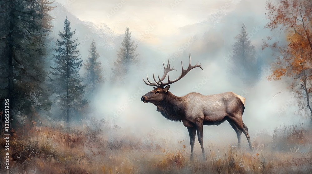 Naklejka premium Majestic Elk Standing Tall in Misty Autumn Forest Landscape