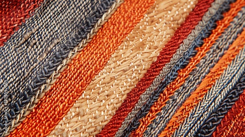 A close-up of woven fabric with a striped pattern in shades of red, blue, and tan. photo