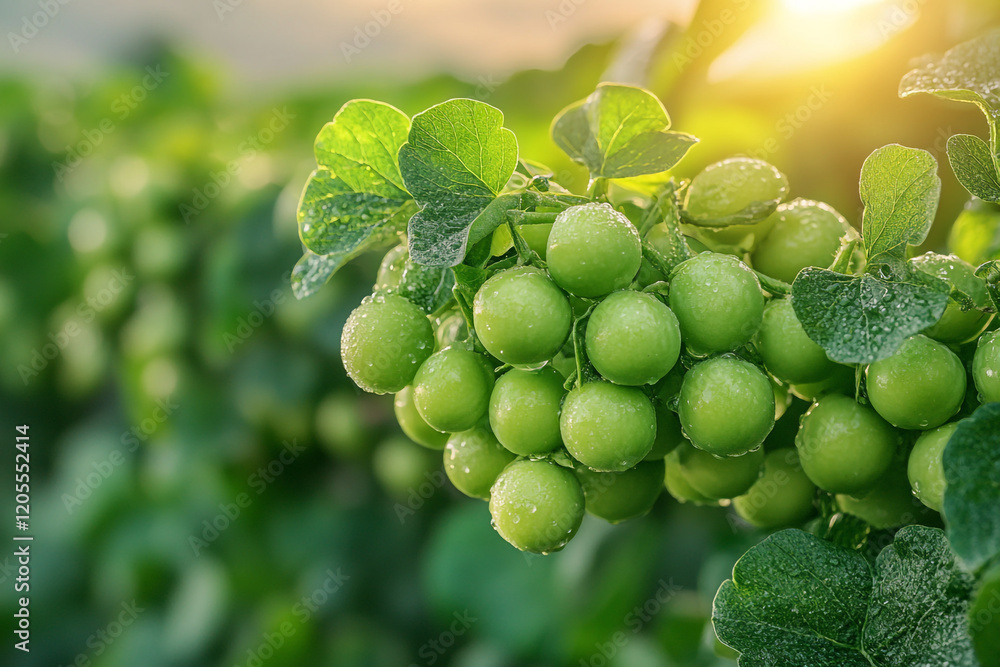 Dewy Green Fruit Cluster on Lush Vine Dewy Green Fruit Cluster on Lush Vine