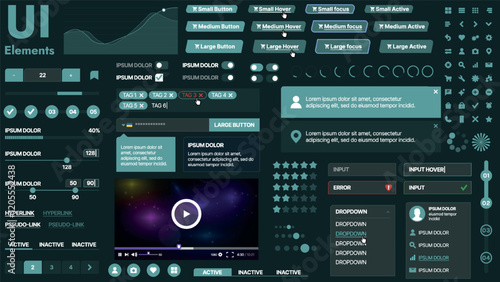 A modern UI kit featuring a collection of buttons, icons, navigation menus, and responsive design elements. Includes login forms, media players, search bars, and calendars, ideal for apps, websites