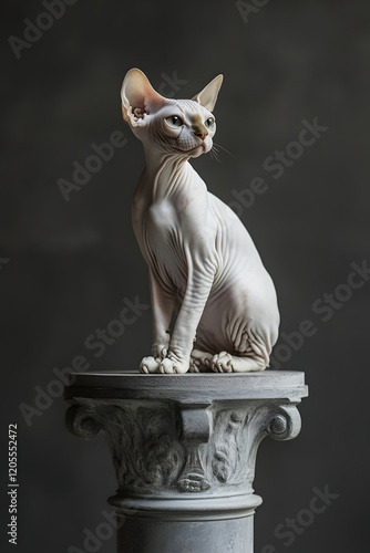 Graceful Sphynx Cat Sitting Regally on Pedestal in Studio Setting photo