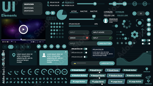 A modern UI kit featuring a collection of buttons, icons, navigation menus, and responsive design elements. Includes login forms, media players, search bars, and calendars, ideal for apps, websites