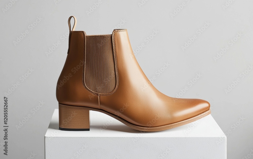 Sleek tan ankle boots with a smooth finish and a low heel on a crisp white surface Sleek tan ankle boots with a smooth finish and a low heel on a crisp white surface