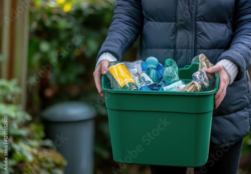A woman carries a green bin filled with recyclable items while standing near outdoor trash cans, promoting eco-friendly waste management efforts