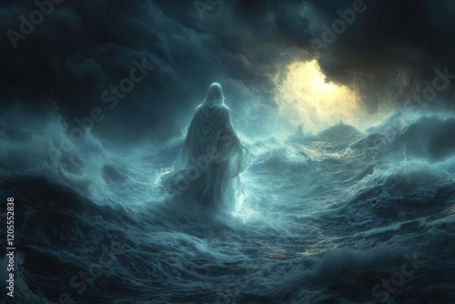 radiant figure walks across stormy waters white robes billowing in wind disciples boat tossed by massive waves under dark thunderclouds moonlight breaking through creating divine spotlight photo