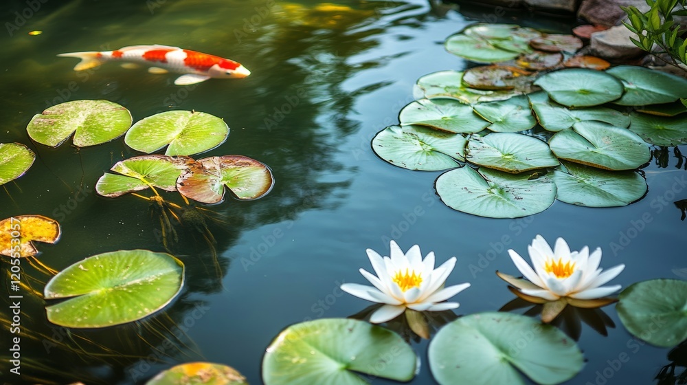 A tranquil garden pond with water lilies and koi fish, Garden scene, Peaceful style A tranquil garden pond with water lilies and koi fish, Garden scene, Peaceful style