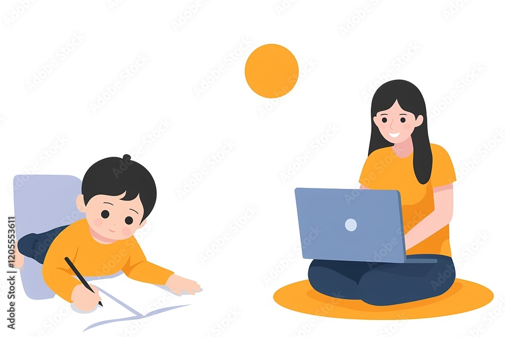 llustration of A woman with her child at home, both engaged in separate activities the woman on her laptop and the child with schoolwork. llustration of A woman with her child at home, both engaged in separate activities the woman on her laptop and the child with schoolwork.