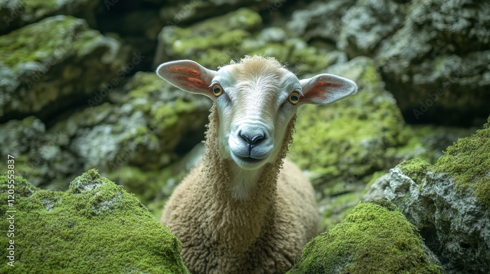 Close-Up of Sheep Surrounded by Lush Green Mossy Rocks Close-Up of Sheep Surrounded by Lush Green Mossy Rocks