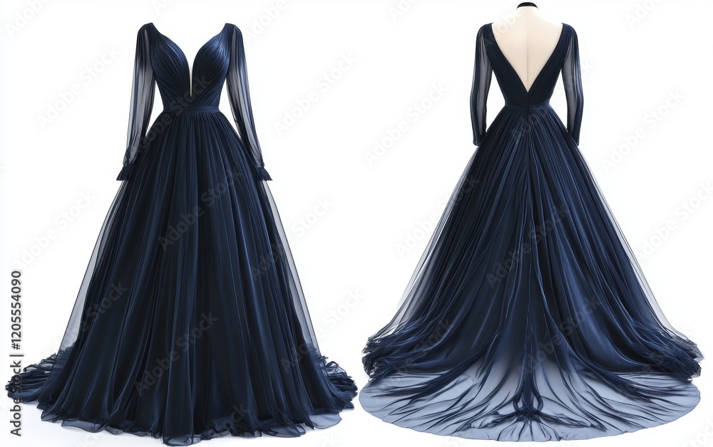 Obraz premium Stylish navy blue evening gown mockup, front and back view, 3D rendering, white background