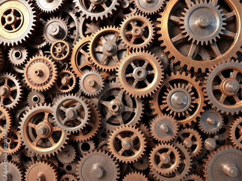 Wallpaper Mural Gears and cogs wheels, industrial background. Artwork digital illustration. From above technical texture of steampunk gears on metal dark brown background. Gears of the mechanism. Wallpaper design Torontodigital.ca