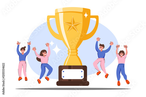 Teamwork celebrates their success joyfully around a large golden trophy symbolizing victory and achievement in a competition or event.