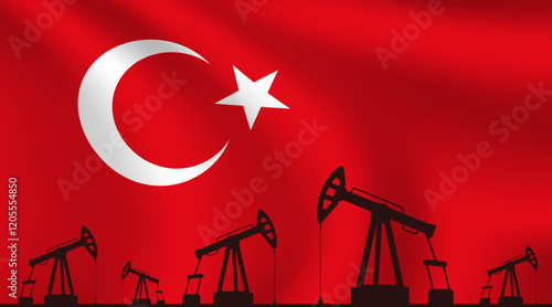 Oil platforms with Türkiye flag waving in background