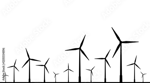 Silhouette wind turbines isolated on white background