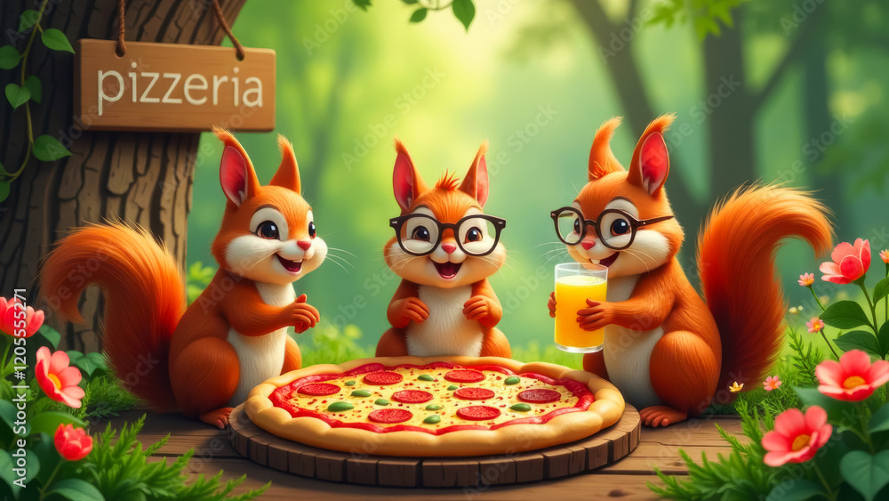 Obraz premium three funny squirrels eat pizza and drink juice in the forest