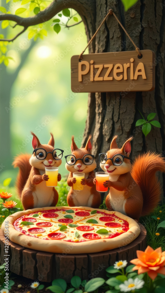 Obraz premium three funny squirrels with glasses eat pizza and drink juice in the forest