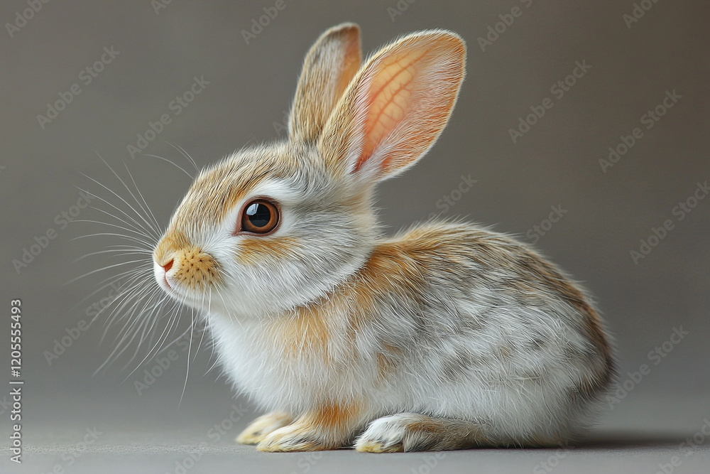 Fototapeta premium Adorable Baby Rabbit Sitting on Gray Background