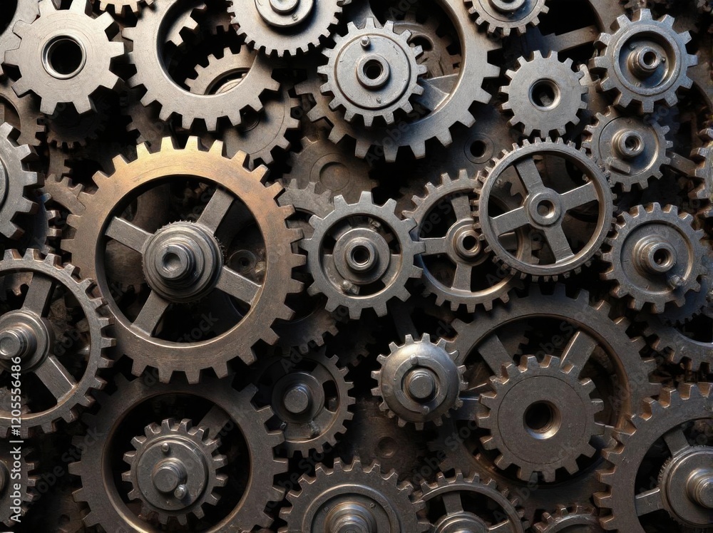 Gears and cogs wheels, industrial background. Artwork digital illustration. From above technical texture of steampunk gears on metal dark brown background. Gears of the mechanism. Wallpaper design Gears and cogs wheels, industrial background. Artwork digital illustration. From above technical texture of steampunk gears on metal dark brown background. Gears of the mechanism. Wallpaper design
