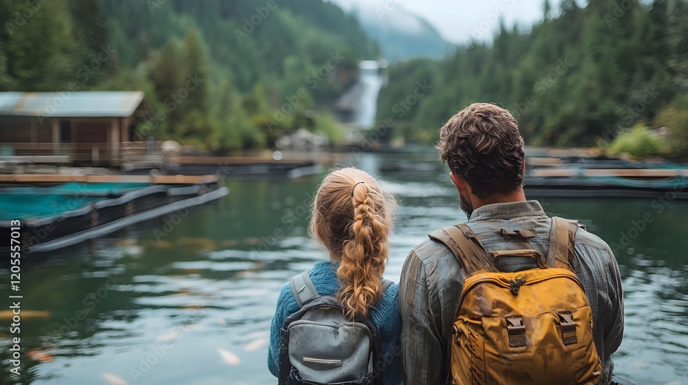 Fototapeta premium A couple enjoys a tranquil lakeside view, surrounded by lush mountains and a gentle waterfall. Green Energy. Visiting and Learning about hydro powered fish farm