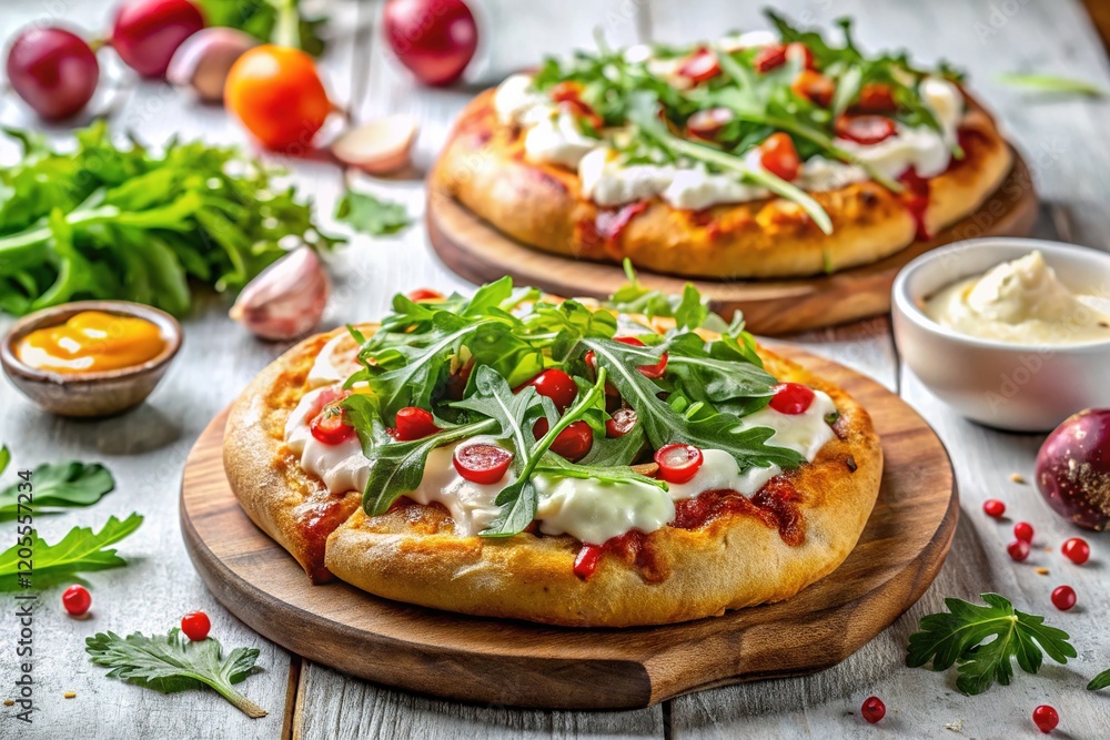 Delicious Warm Langos with Cheese, Garlic Cream & Arugula Delicious Warm Langos with Cheese, Garlic Cream & Arugula