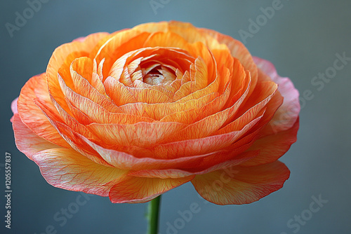 A single vibrant orange ranunculus flower blooms