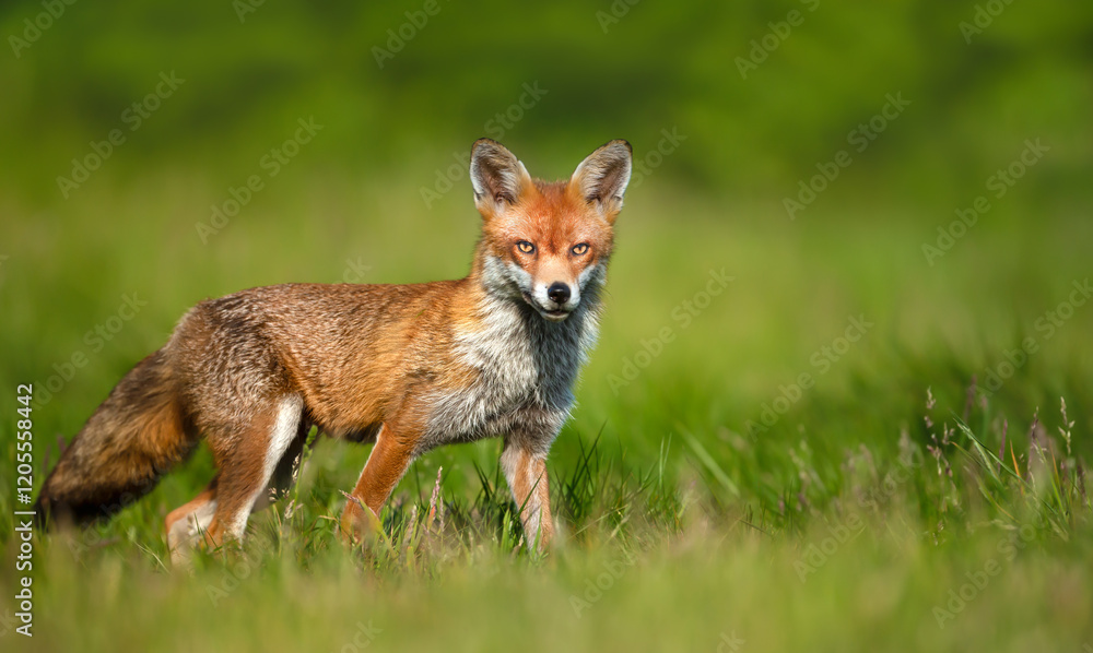 Fototapeta premium Portrait of a red fox standing in a meadow