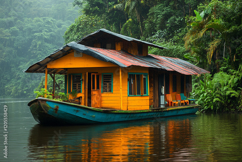 Wallpaper Mural Vibrant Yellow Houseboat Docked in Lush Green Rainforest Torontodigital.ca