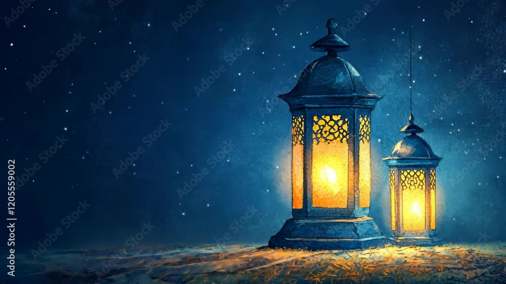 Lanterns illuminate a tranquil winter night under a starry sky in a snowy landscape Lanterns illuminate a tranquil winter night under a starry sky in a snowy landscape
