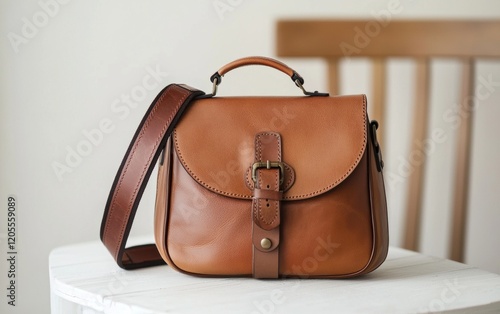 Stylish satchel bag in a muted earth tone showcased on a fresh white backdrop photo