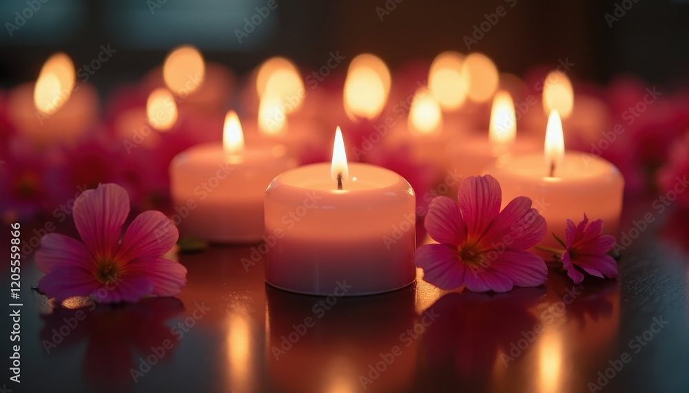 Serene candlelight with flowers ideal for cancer awareness campaigns. Serene candlelight with flowers ideal for cancer awareness campaigns.