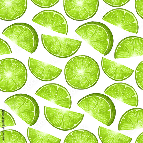 Sliced limes vector seamless pattern. Trendy hand drawn texture. Modern design for paper, cover, fabric, interior decor and other use on white background