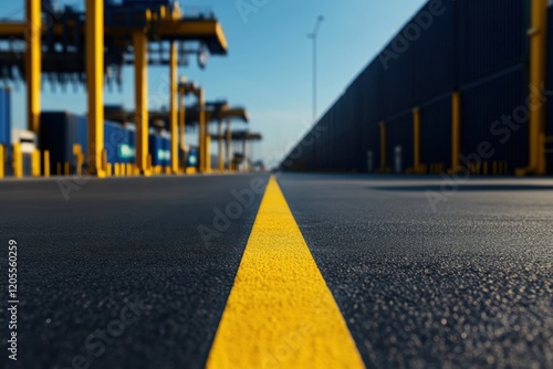 Wallpaper Mural A low-angle view of a yellow line marking a transport route, with large cargo structures in the background, showcasing industrial logistics. Torontodigital.ca