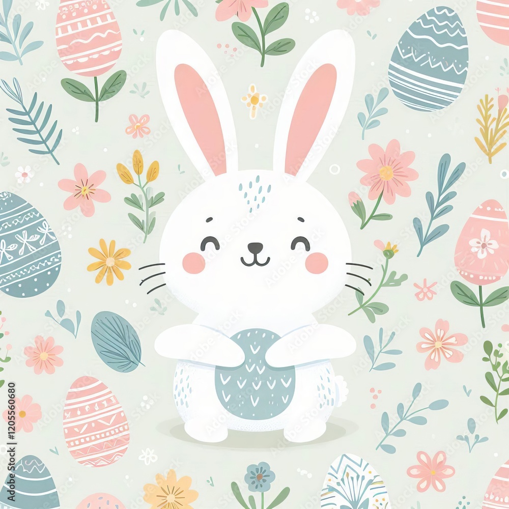 Obraz premium Funny Easter bunny with spring flowers and eggs. Flat illustration. Congratulations