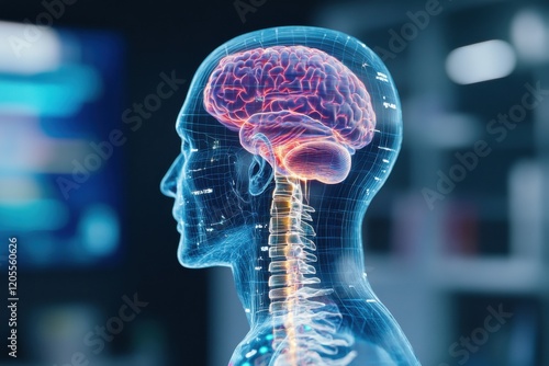 An innovative 3D rendering of the human brain highlighting neural pathways and spinal cord, showcasing the intricate structure of the nervous system.