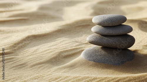 A tranquil zen garden with raked sand and smooth stones, Zen scene, Meditative style photo