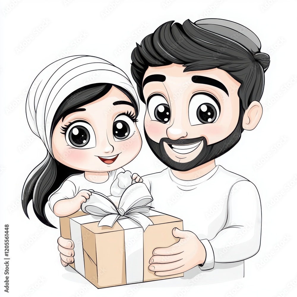 Intimate Family Moment with an Arab Father and His Daughter Holding Gift