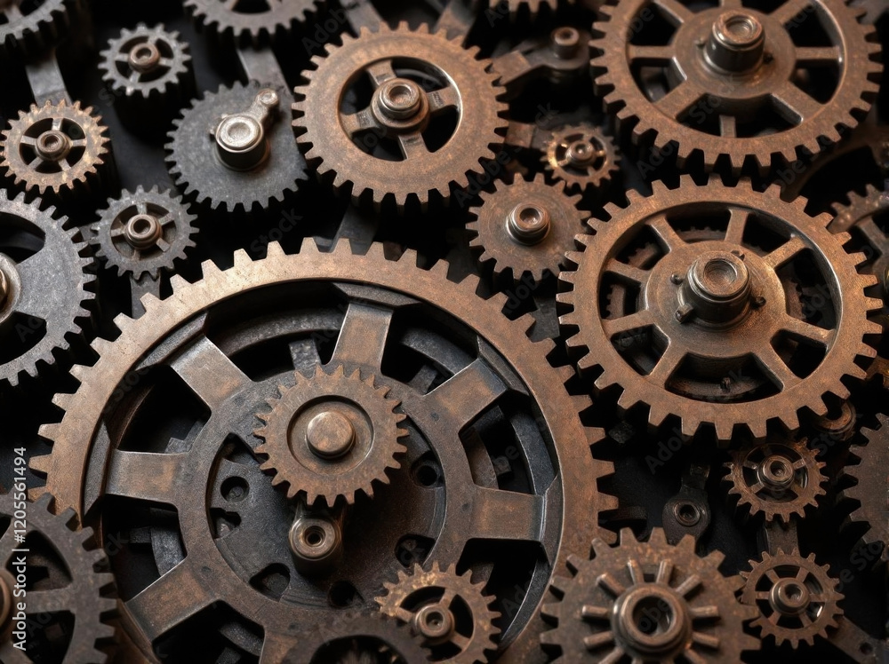 Gears and cogs wheels, industrial background. Artwork digital illustration. From above technical texture of steampunk gears on metal dark brown background. Gears of the mechanism. Wallpaper design Gears and cogs wheels, industrial background. Artwork digital illustration. From above technical texture of steampunk gears on metal dark brown background. Gears of the mechanism. Wallpaper design