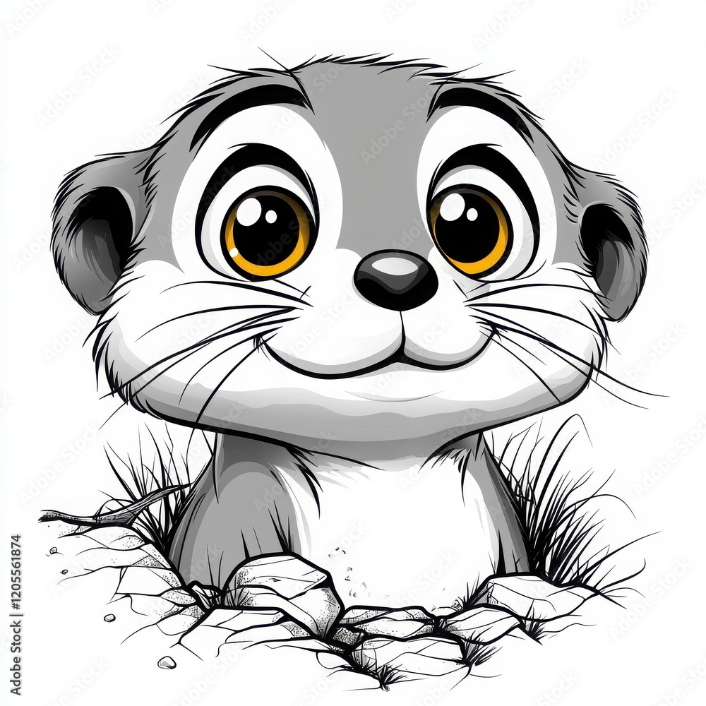 Obraz premium Cute Cartoon Meerkat Peeking Out from Ground Illustration