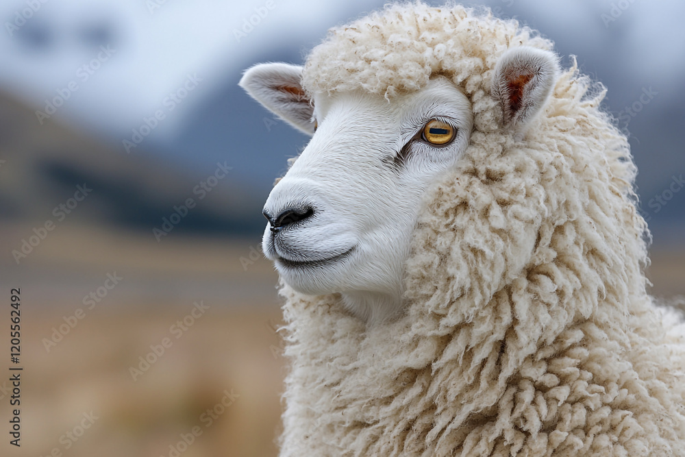 Obraz premium A Fluffy White Sheep Profile Against A Blurred Background
