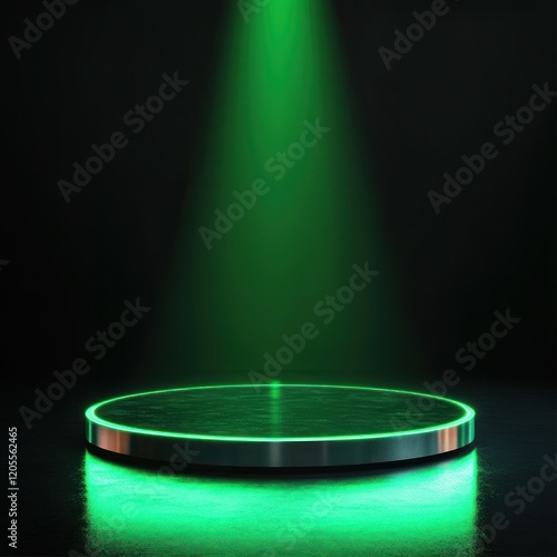 Empty round podium, green spotlight, dark background.  Possible use product presentation photo