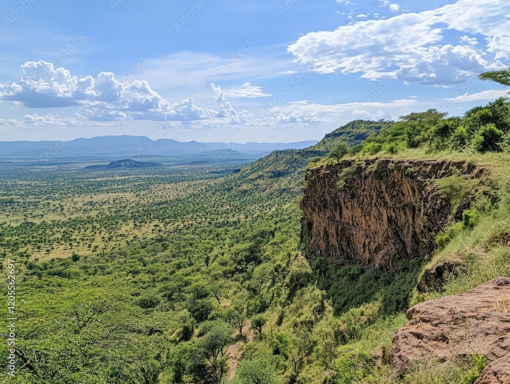 Fototapeta premium Panoramic view of a vast green landscape with a rocky cliff and distant mountains on a clear day