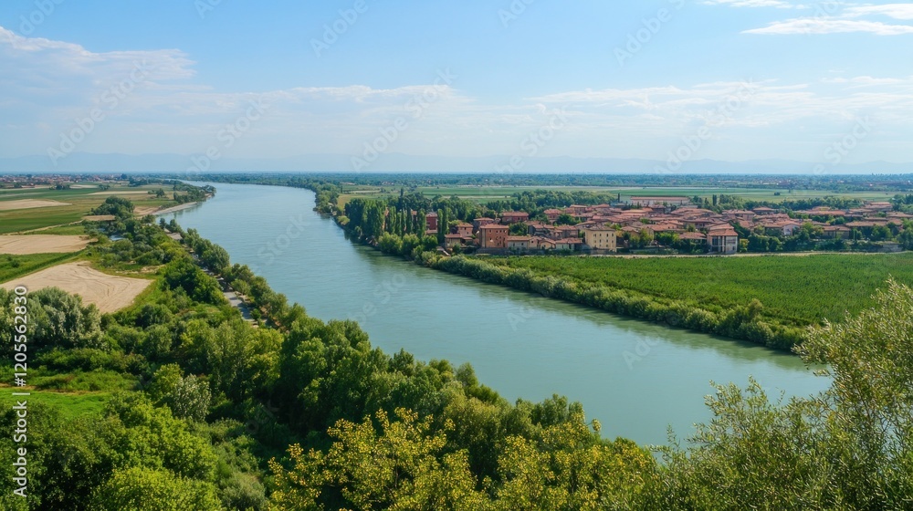 Scenic view of a river flowing through the countryside with a small village
