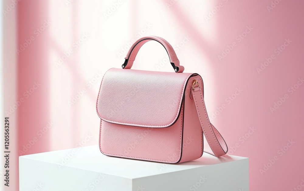 Trendy small shoulder bag in soft pink showcased on a bright and clean white surface Trendy small shoulder bag in soft pink showcased on a bright and clean white surface