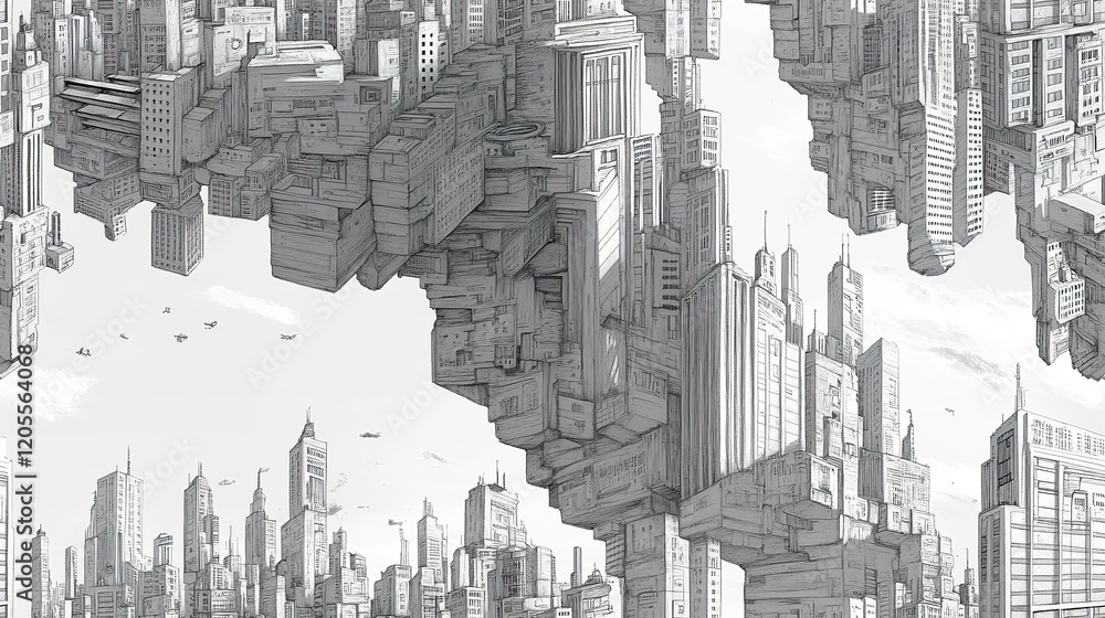 Fototapeta premium Futuristic Cityscape Sketch Showing Floating Architectural Structures