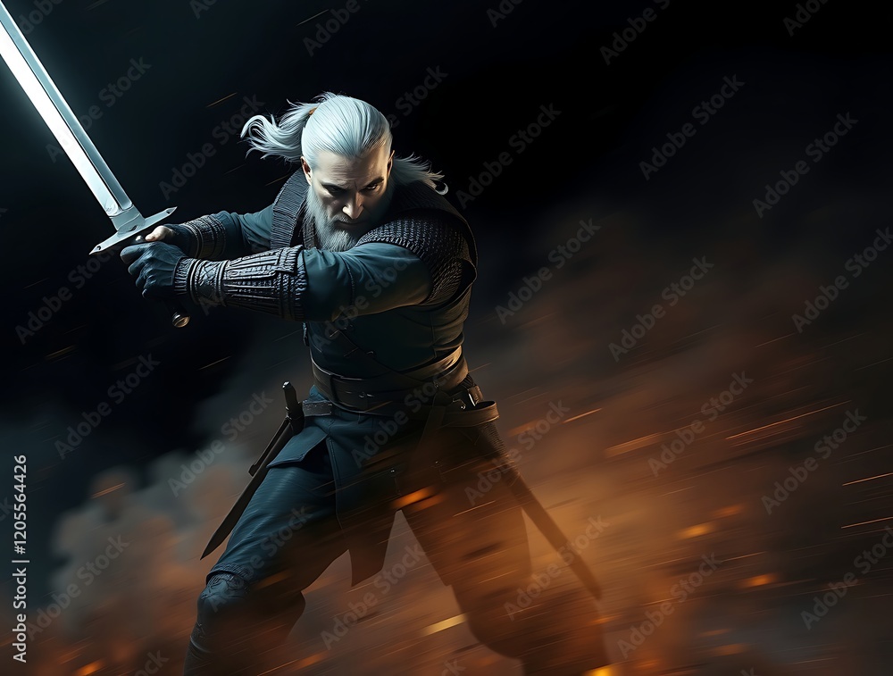 Naklejka premium A dynamic warrior in motion, brandishing a sword amid swirling smoke and sparks, ready for combat.