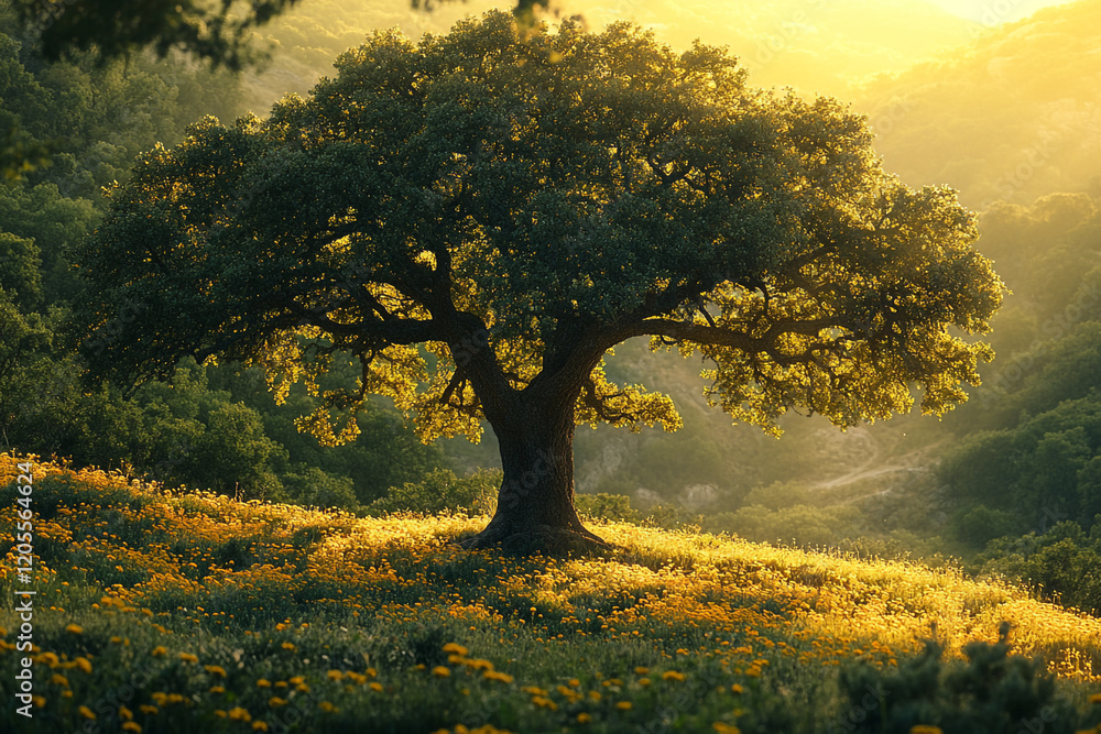 Majestic Oak Tree Stands in Golden Meadow Majestic Oak Tree Stands in Golden Meadow