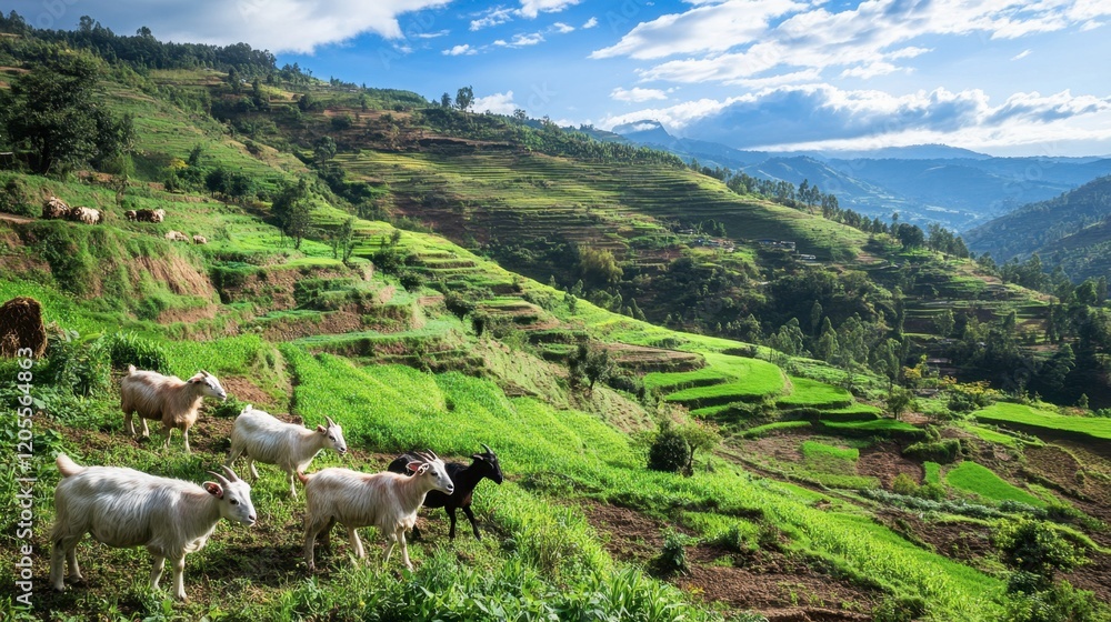 Scenic Mountain Landscape with Goats Grazing on Lush Green Fields Scenic Mountain Landscape with Goats Grazing on Lush Green Fields