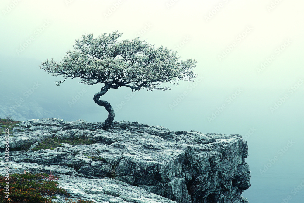 Solitary flowering tree on a misty clifftop Solitary flowering tree on a misty clifftop