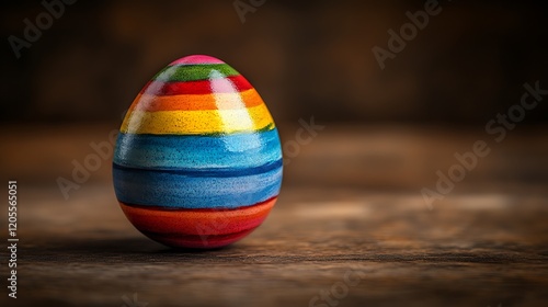 A light blue Easter egg costume decorated with colorful stripes, resting on a wooden table photo