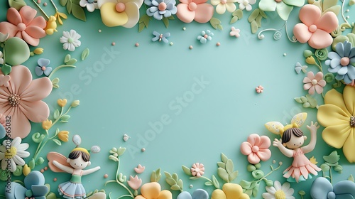 A whimsical clay scene of flowers, leaves, and fairies on a blue background. photo